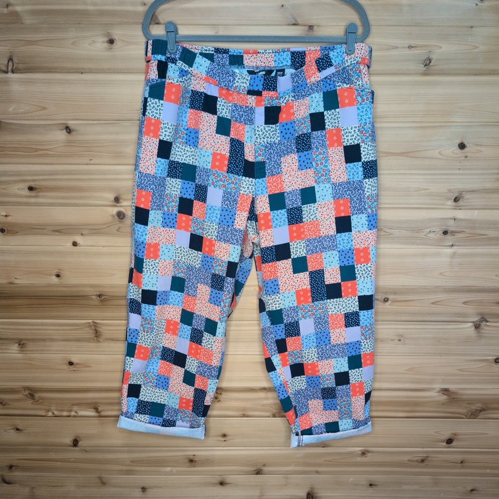 Lands End Patchwork Floral Crop Pants Womens 18W Mid Rise Blue Orange 520849